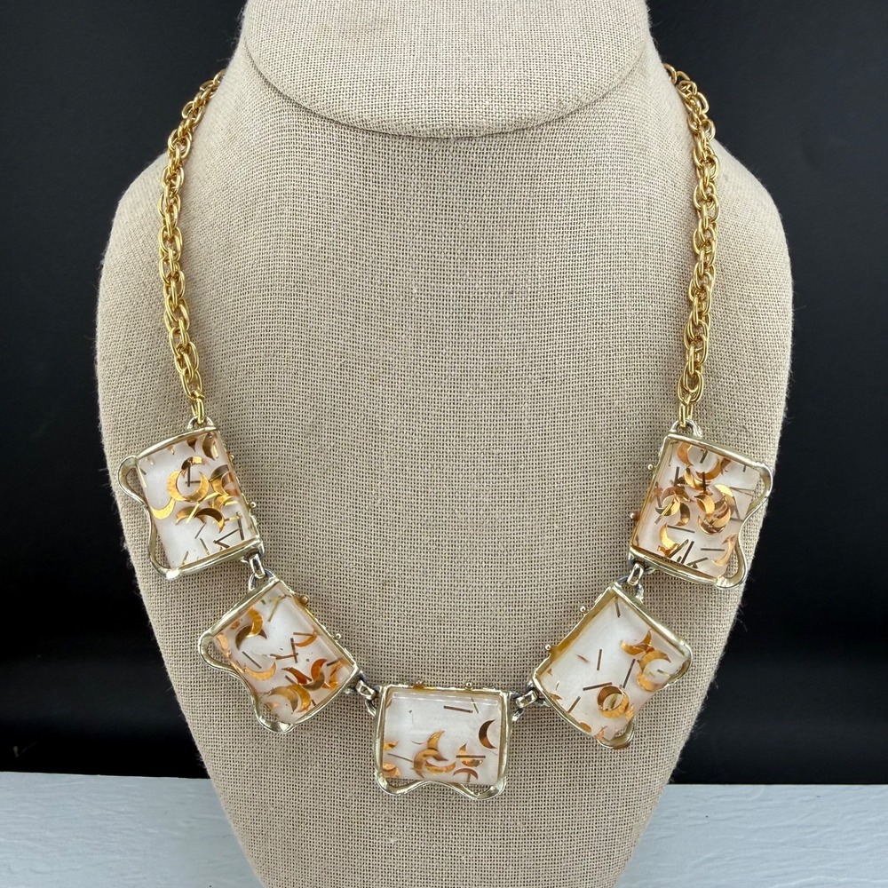 Estate Gold Filled Confetti Lucite Necklace Gold Retro Bib 19in